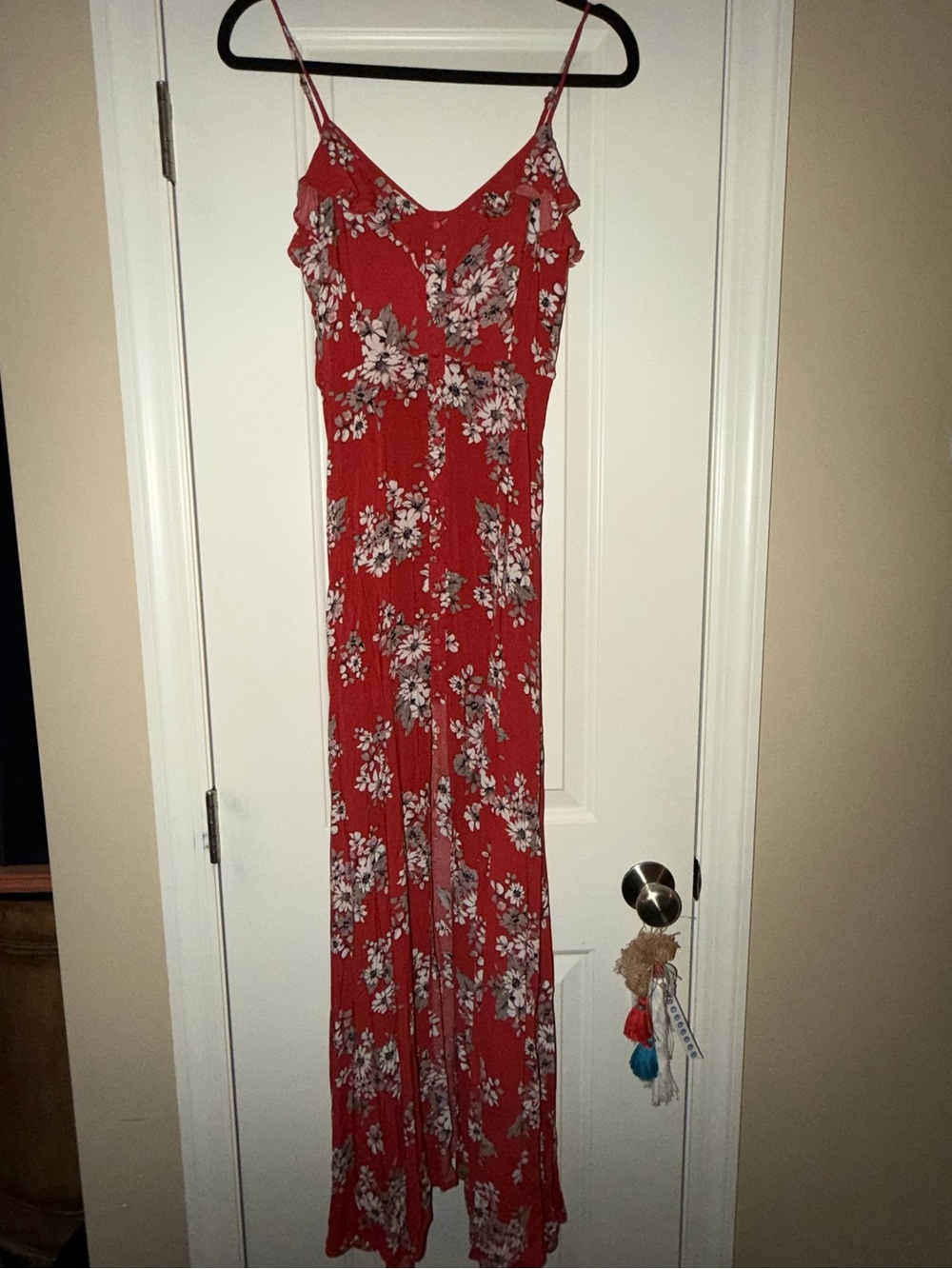 Lulu's Red Floral Ruffle-Trim Spaghetti-Strap Maxi Dress